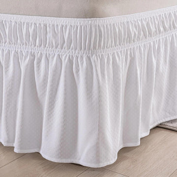 Wrap Around Bed Skirt - Queen Size Bed Skirt with 15 Inch Drop, White | Easy Fit Elastic Strap - Adjustable Pleated