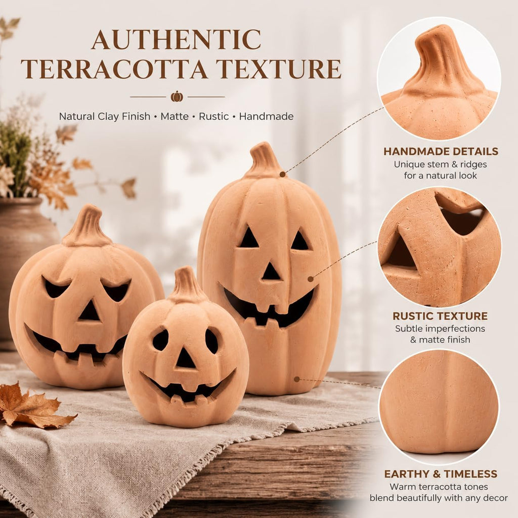 Mini Terracotta Pumpkin Halloween Decor, 6 in Max - Set of 3