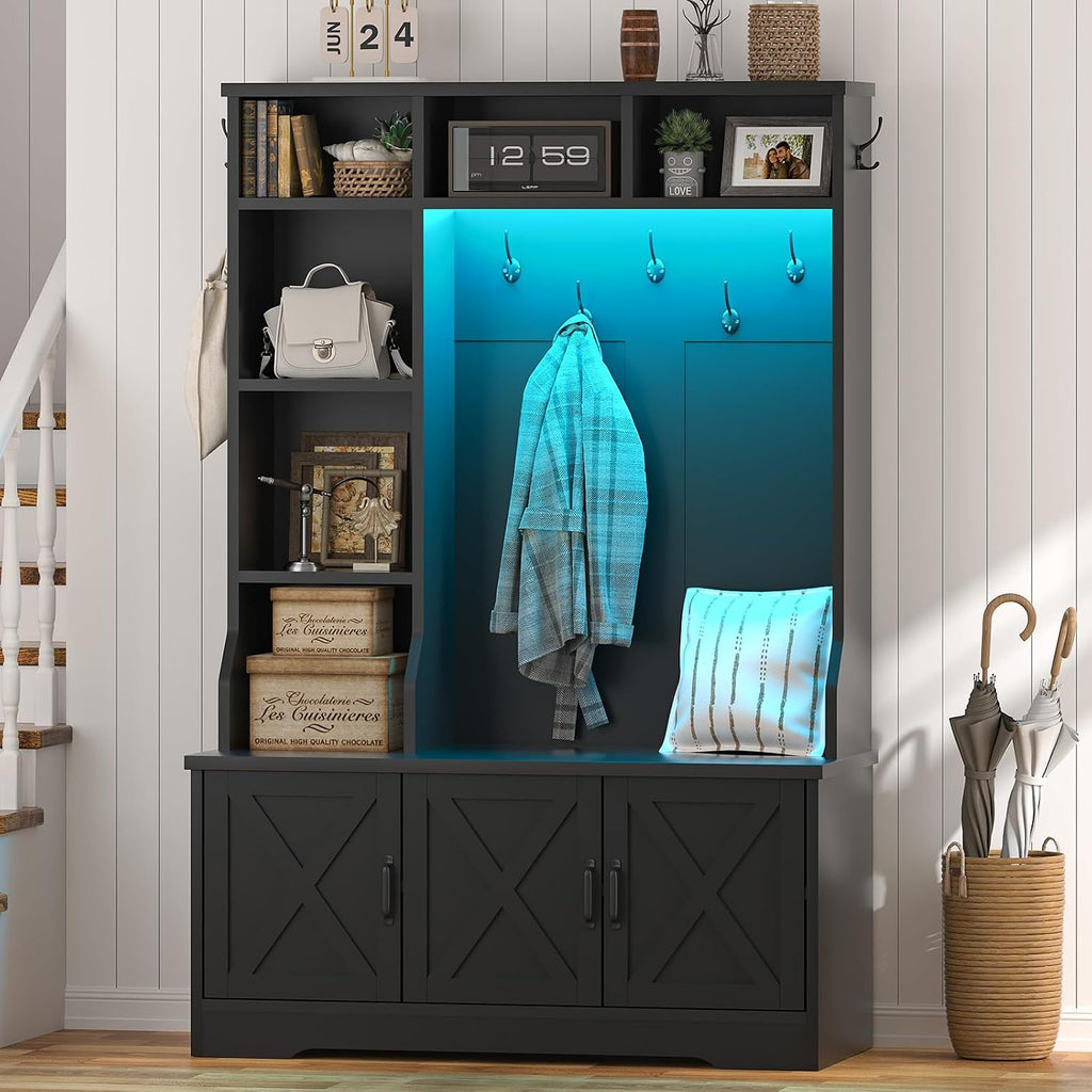 Hall Tree with Bench and Shoe Storage, Farmhouse Entryway Bench with Coat Racks and Led Lights, Black Tall Hall Tree