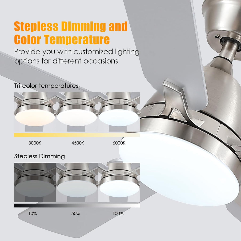 Ceiling Fans with Lights, 52 Inch Low Profile Ceiling Fan with Light and Remote Control,Reversible, 3CCT, Dimmable, Quiet, Brushed Nickel Ceiling Fan for Bedroom Indoor/Outdoor Use A101-B0D8BC4CC6