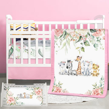 3 Pcs Safari Animals Baby Crib Bedding Set for Girl