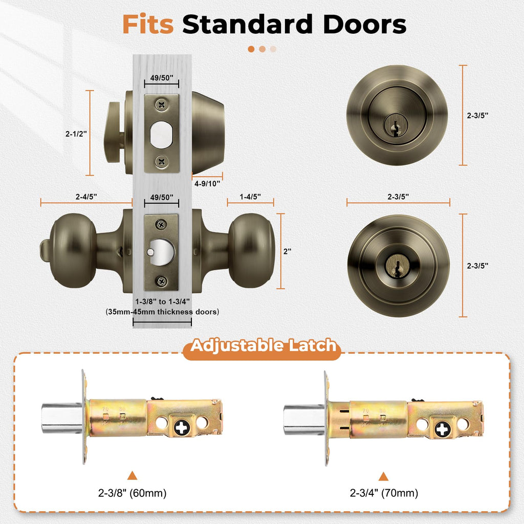 2 Pack Entry Door Knob Set with Single Cylinder Deadbolt Combo Set, Antique Brass Front Door Handle Keyed Alike