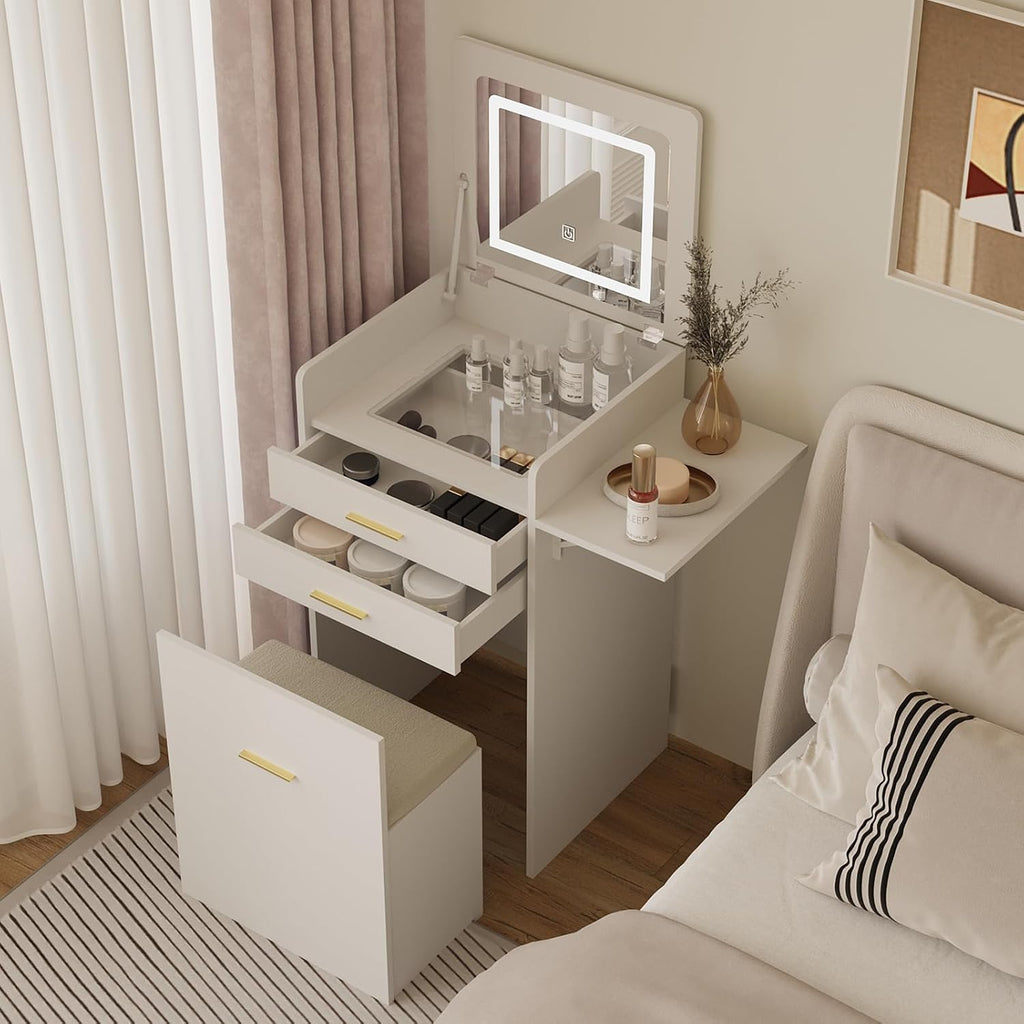 Small Vanity with Chair 3 in 1 Vanity Desk with Flip Top Mirror | White Small Makeup Table Set with Fold-up Panel &
