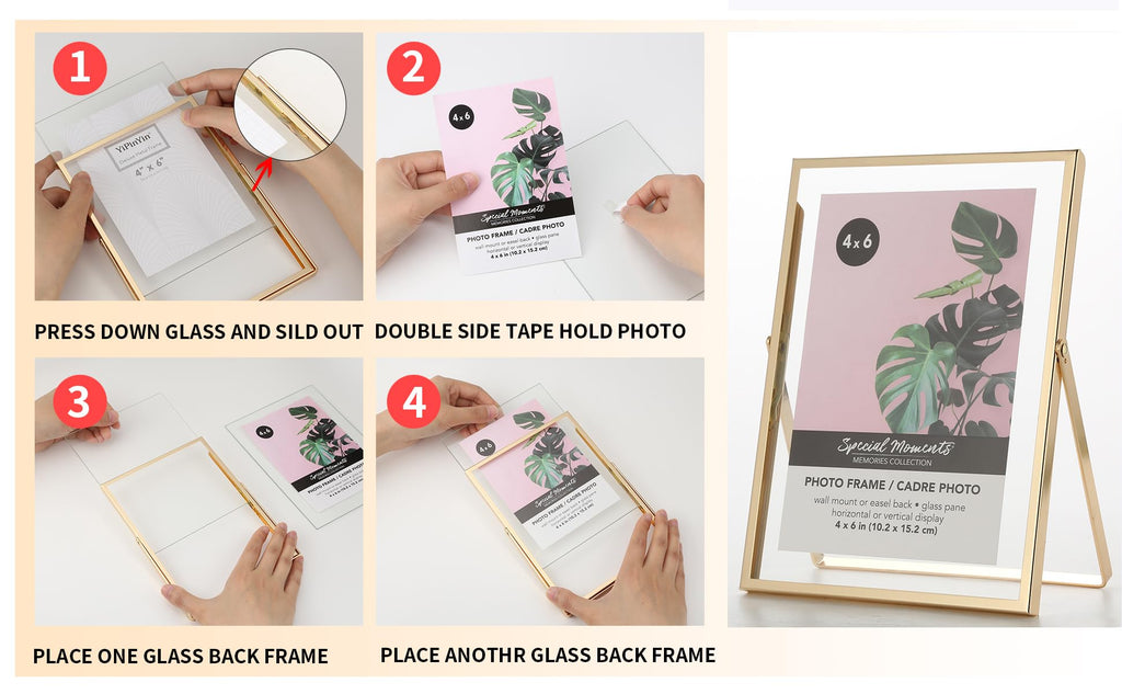 Gold 8x10'' Floating Frame Set of 2, For Photo Sizes (4x 6'', 5x7, 7x9''), Metal Frames for Tabletop/Shelf