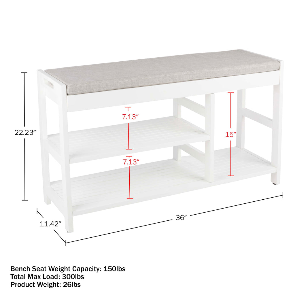 Shoe Bench - 3-Tier Wooden Shoe Rack, Mudroom, or Bedroom - Entryway Shoe Storage with Padded Seat Cushion (White)