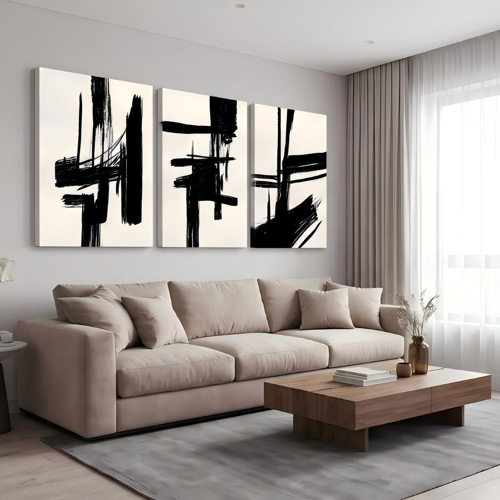 Black and White Abstract Wall Art Set of 3, Modern Minimalist style Canvas