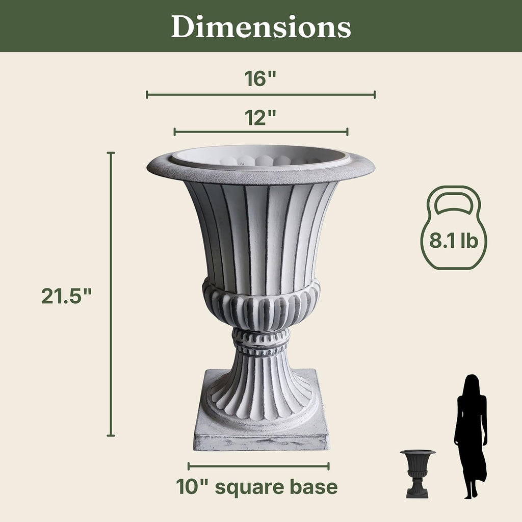 Urn Planters 22", Set of 2, Tall Stone-Resin Pedestal Planters for Outdoor Plants, Large Front Porch Decor, Patio