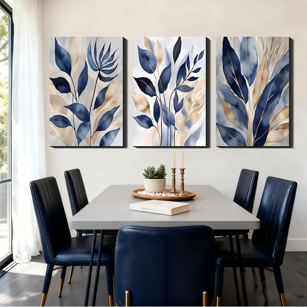 Blue and Gold Botanical Set of 3 Canvas Wall Art, Elegant Leaf Prints Pictures, Large Modern Neutral Paintings