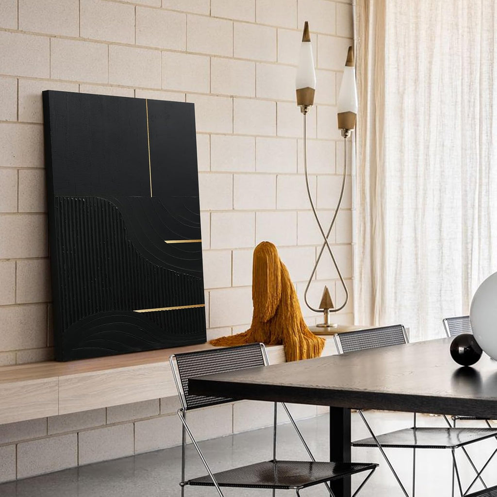 Hand-Painted Black & Gold Abstract Wall Art, Modern Textured Oil Painting | Original Vertical Canvas Artwork Bedroom