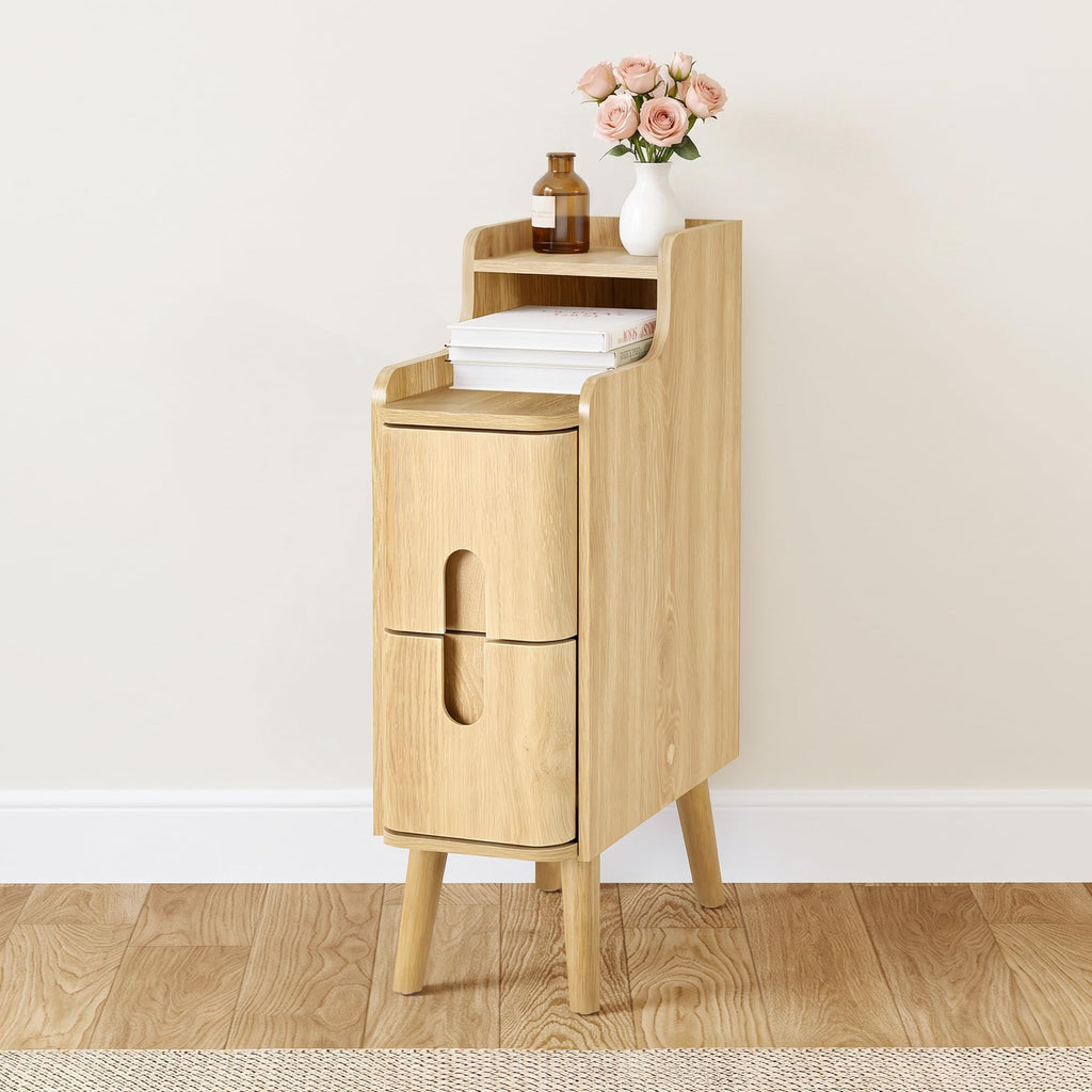 Narrow Nightstand, Wooden 2 Drawer, Natural, Set of 2
