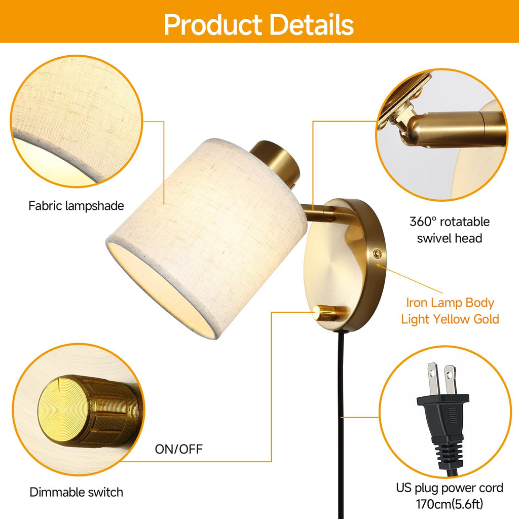Plug-in Wall Sconce White Linen Shade Adjustable