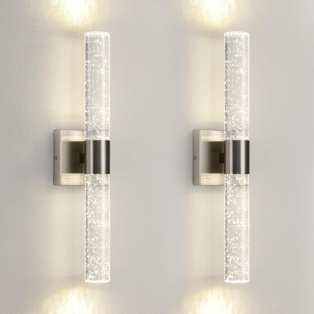 LED Wall Sconces Set of Two - 4000K Dimmable Crystal Bathroom Sconces Wall Lighting Indoor Brushed Nickel Vanity