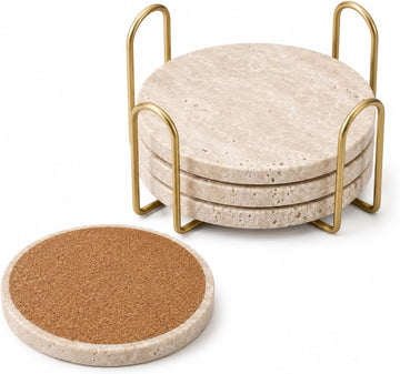 Travertine Coasters with Gold Holder Natural Stone, Cork Backing - Set of 4