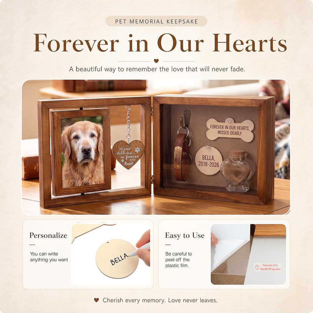 Pet Memorial Shadow Box Wooden Rotating Frame for Loss of Pet, Retro Color