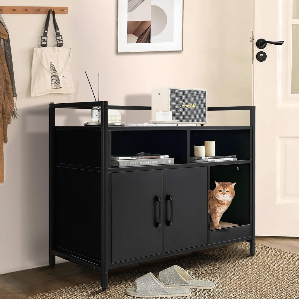Cat Litter Box Enclosure, Litter Box Cabinet with Cat Scratcher, 2-Door Storage Cabinet, 2 Open Compartments and Air