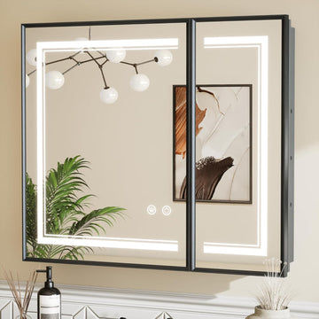 Black Lighted Medicine Cabinet Mirror with Led Lights 30 x 26 Wall Mount or Recessed Bathroom Cabinet with Storage, 2