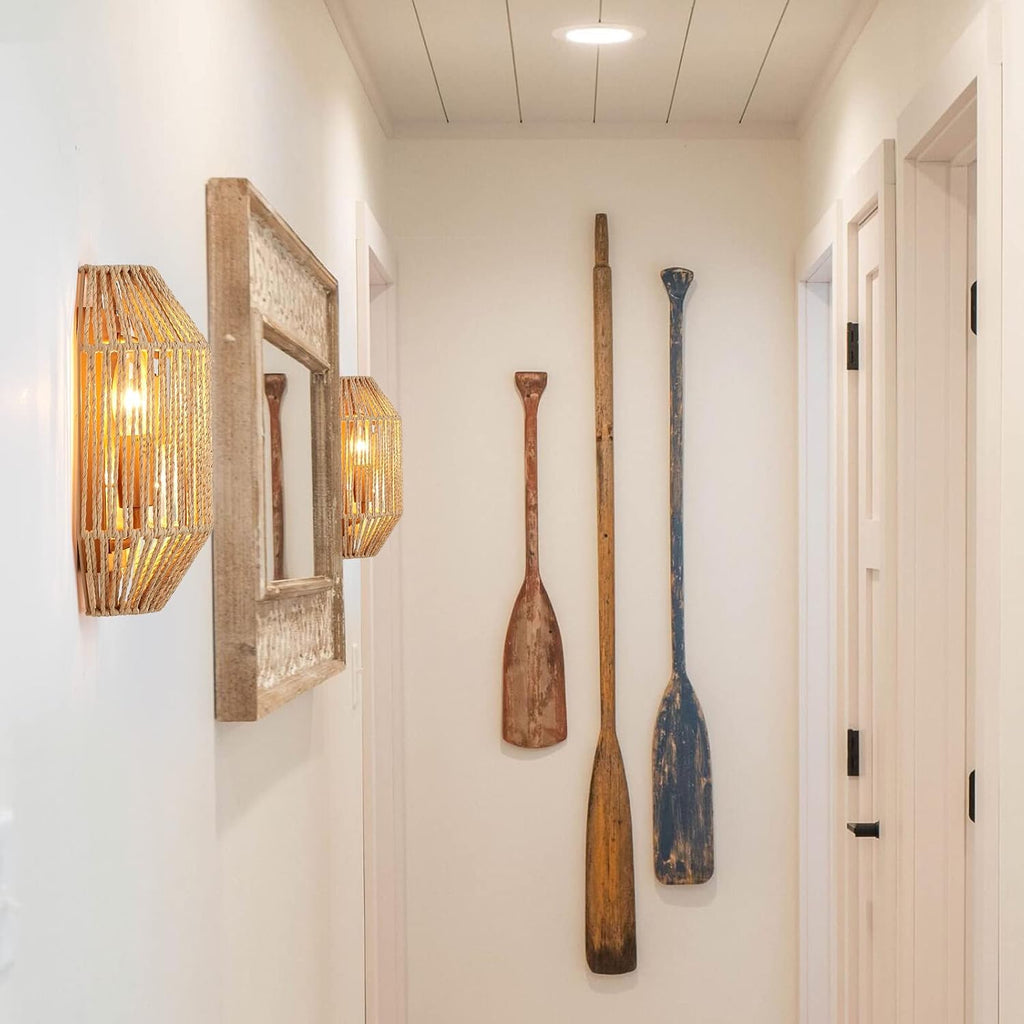 Natural Rattan Wall Sconce Set of 2, with Boho Woven Wicker Shade Antique Brass Brush Paint Finish for Vanity
