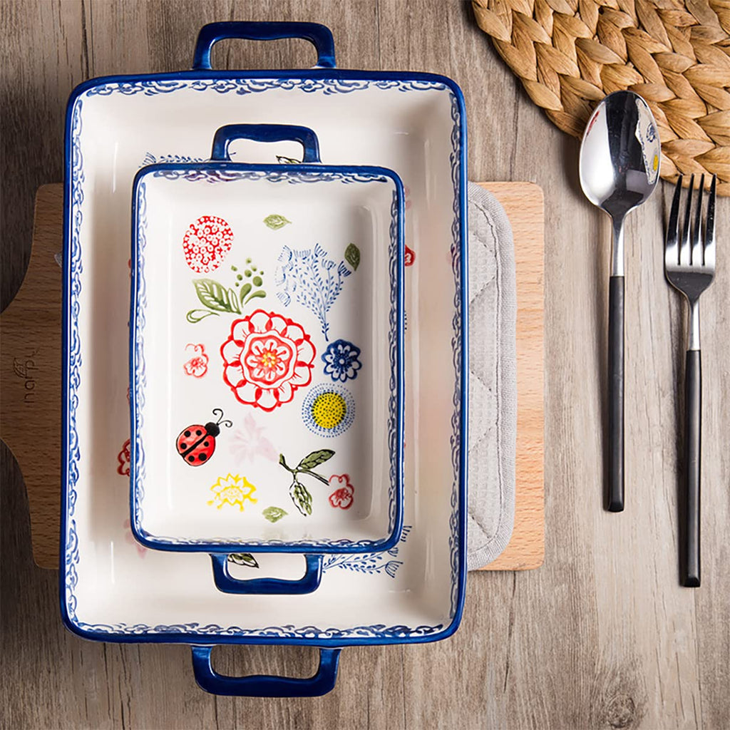 Vintage Style Flower and Butterfly Ladybug Pattern Bakeware Ceramic Casserole Dish Baking Pan Lasagna Pans Baking