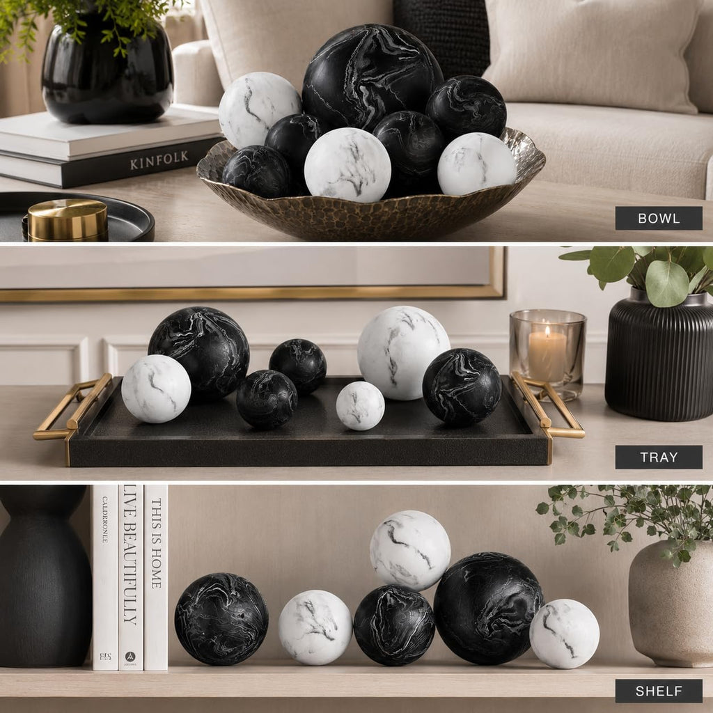 Black & White Small Set of 8 Marble Look Decorative Balls for Bowls - Decorative Orbs Spheres for Coffee Table