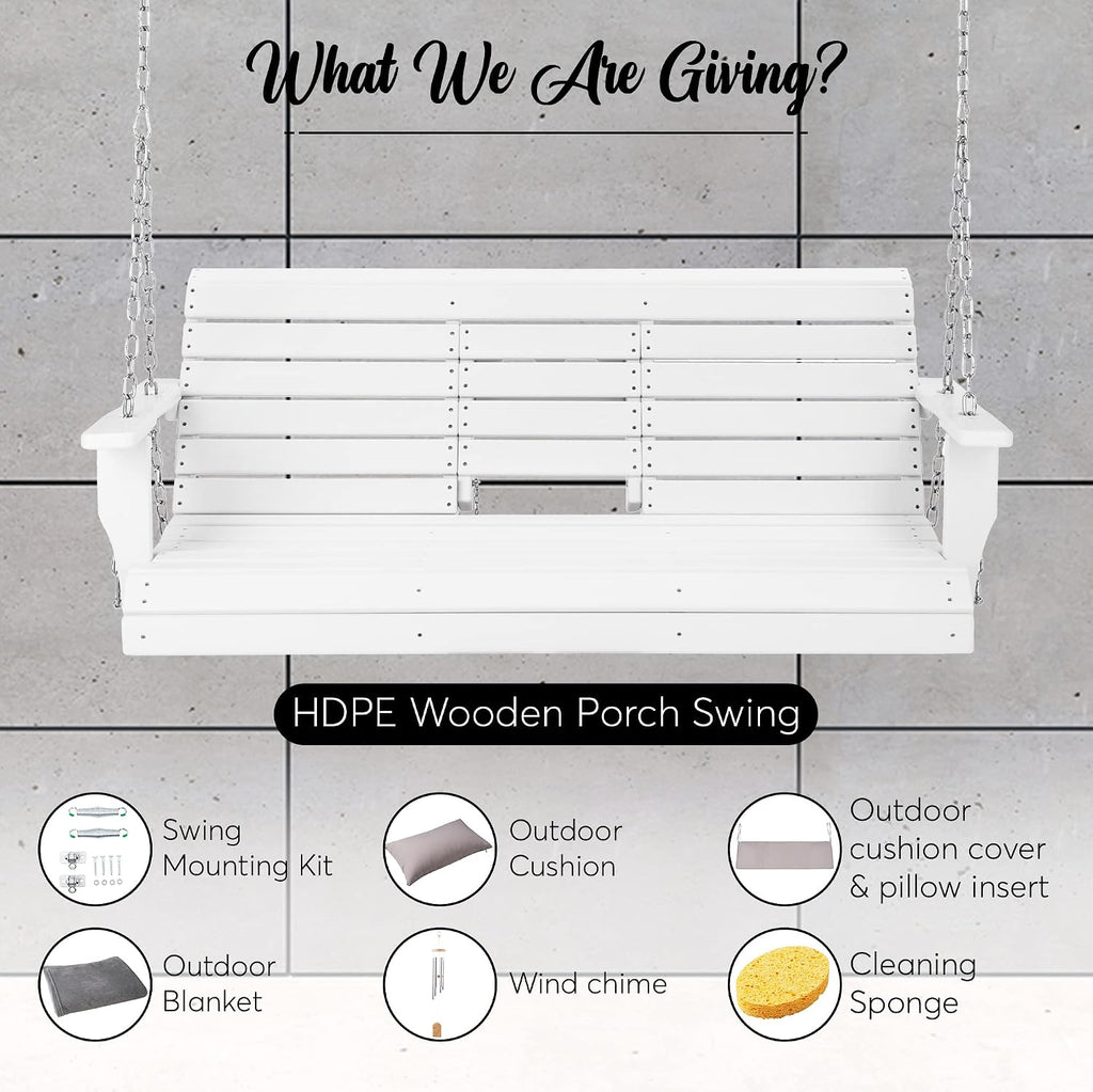 Heavy Duty Poly Lumber HDPE Porch Swing with Mounting Kit and Accessories Outdoor Hanging Chair with Cup Holders