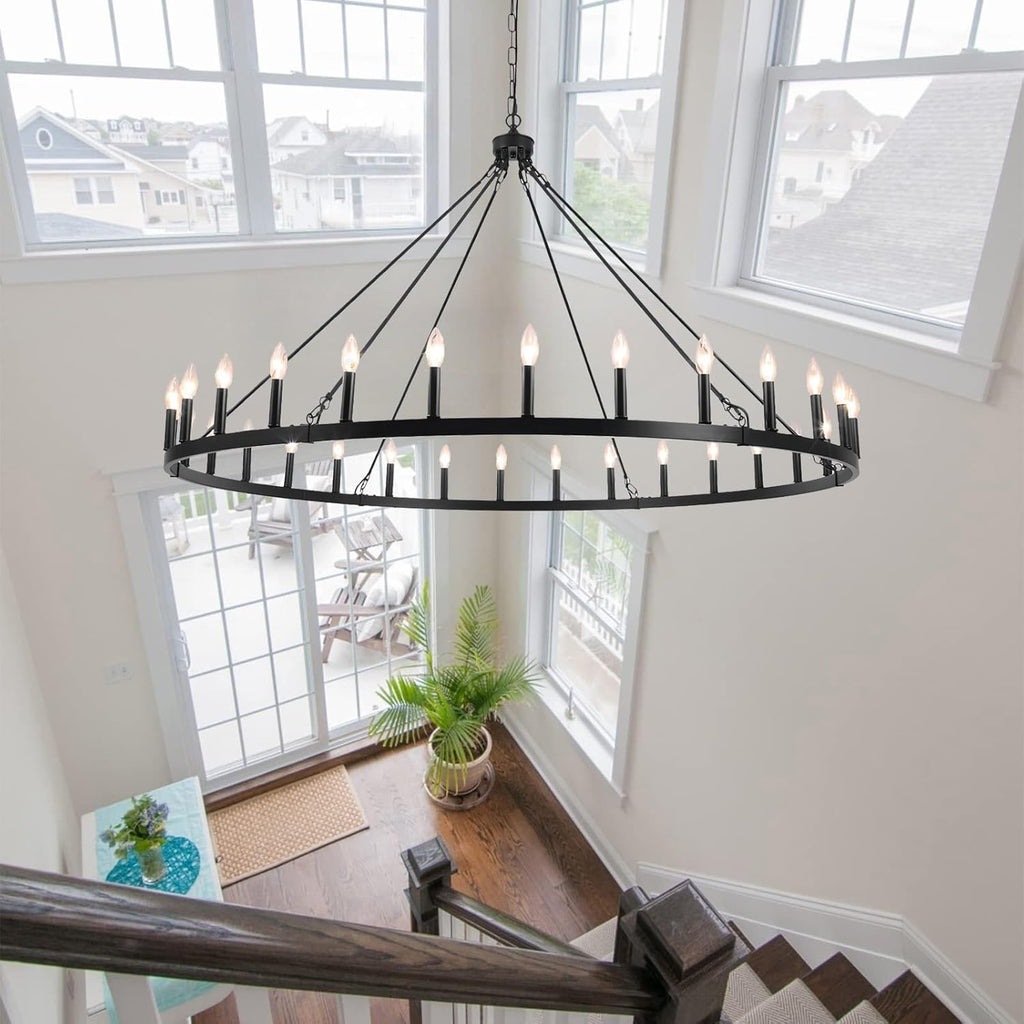 Inspired Camino Style Chandelier - Black Extra Large Wagon Wheel Chandelier, 60 inch 30 Lights Farmhouse Chandelier, Industrial Candle Round Pendant Light Fixture for High Ceiling Living Room Dining Room Entryway A105-B0CXXPC72R