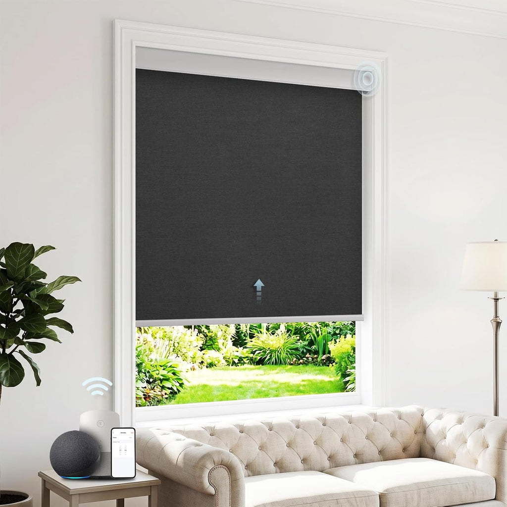 Motorized Blinds with Remote, Blackout Roller Shades, Black, - Black