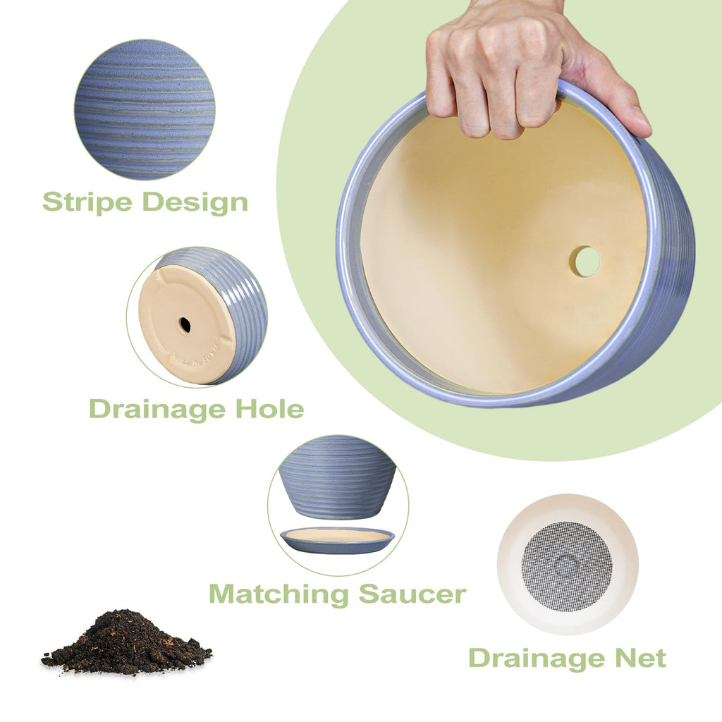 Ceramic Planter - Modern Round 12 Inch Pots for Plants with Drainage Hole and Plant Saucer for Flower Indoor, Garden