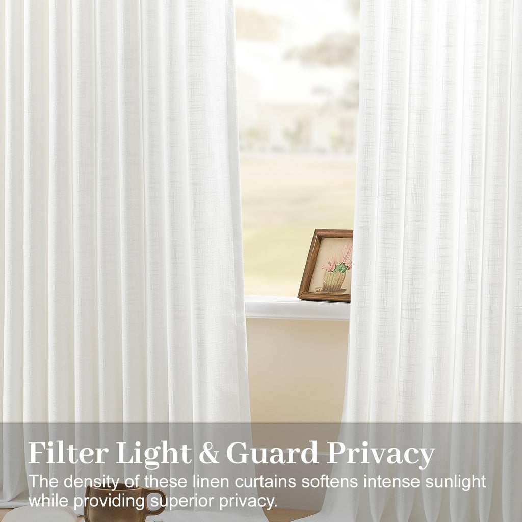 90 Inch Pinch Pleated Sheer Linen Blend White Curtains