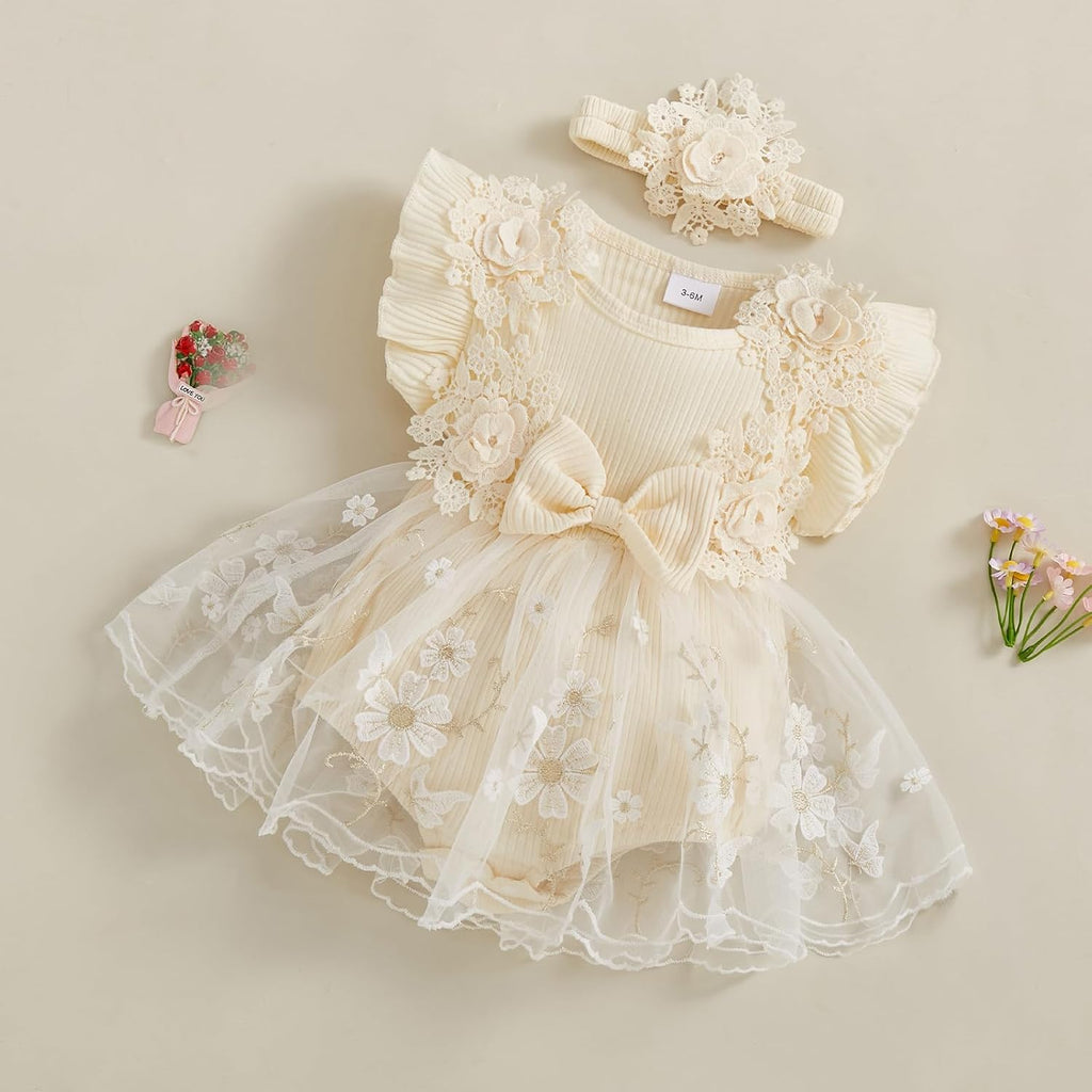 Baby Girl Romper Dress Baby Dress Romper Flowers Lace Infant Girl Spring Summer Clothes with Headband
