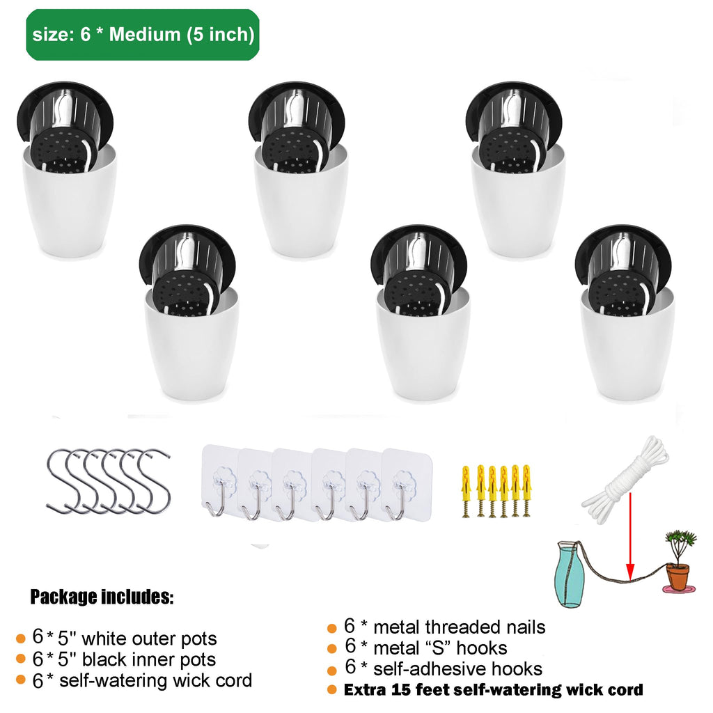 6 Pack Hanging Planter Wall Planter Self Watering 5 inch Plant Pot with Hardware Vertical Planter Outdoor Indoor