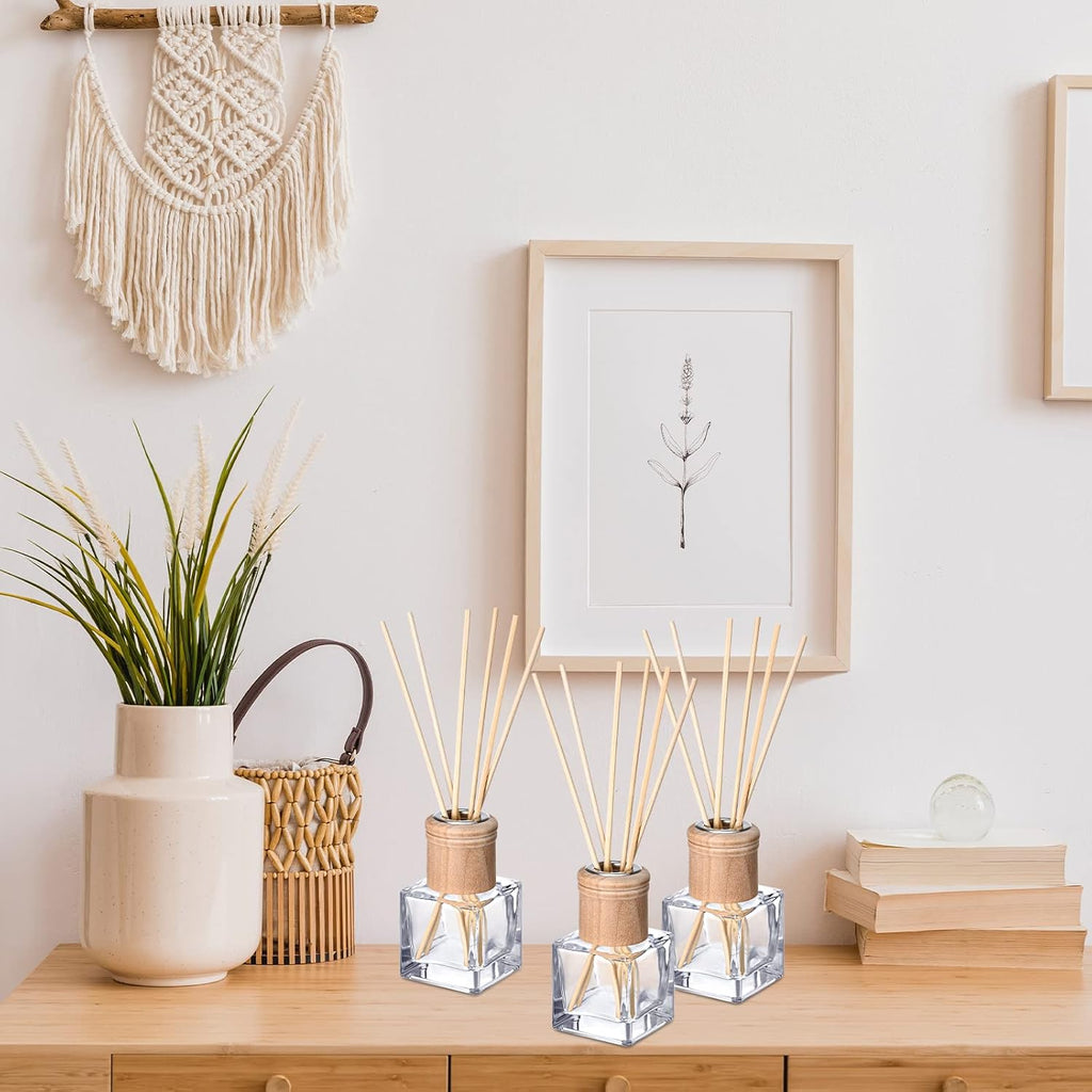 Set Reed Diffuser Bottles 50ml Glass Wooden Caps Rattan Sticks - Set of 6