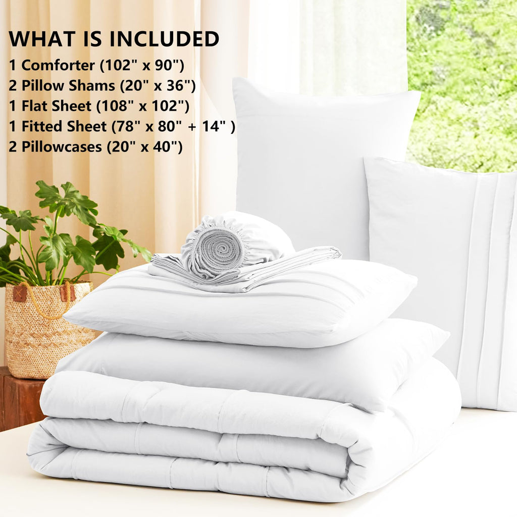 King Size Comforter Set White, 7 Pieces Soft Pinch Pleat Bed in a Bag King Comforter Set with Sheets, Boho Bed Set