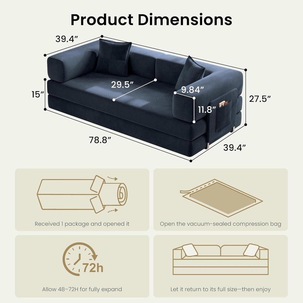 78.8" Convertible Futon Sofa Bed, Boneless Couch | Corduroy Boneless Loveseat Sleeper Sofa, Modular Futon Couch with