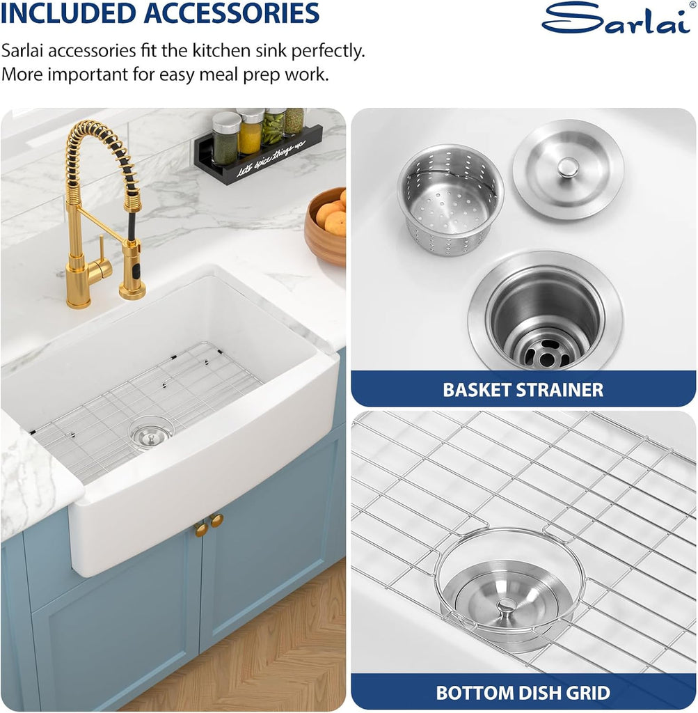 33 White Farmhouse Sink - 33 Inch White Kitchen Sink Curved Apron Front Ceramic Porcelain Fireclay Single Bowl Farm