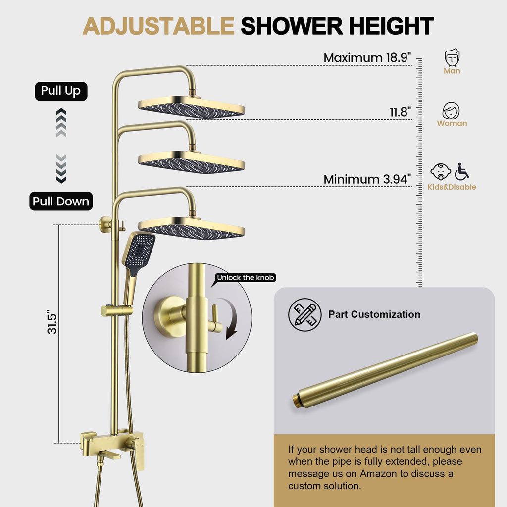 Shower Systems with 12 x8 Inches Rain Shower Head,Brushed Gold Exposed Pipe Shower System,3 Functions Tub Shower