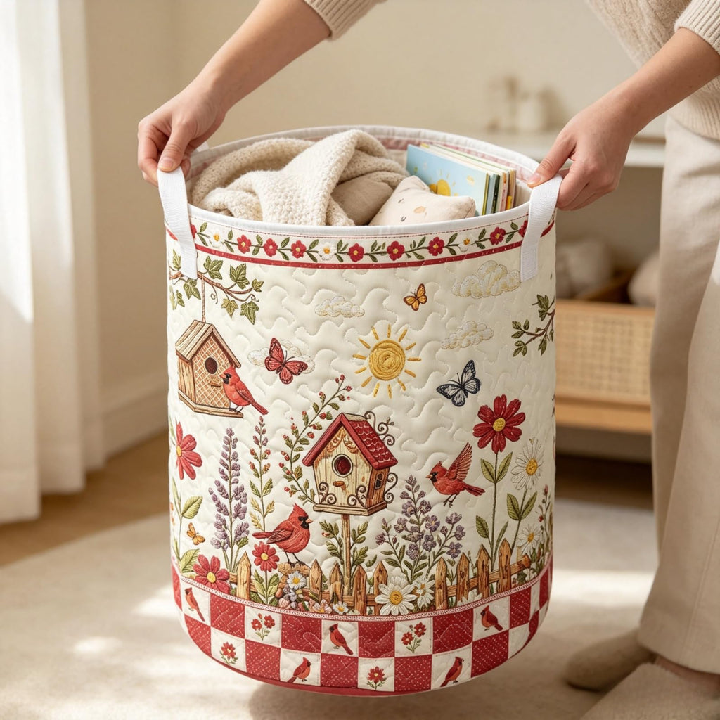 Cardinal Farmhouse Quilted Laundry Hamper, Vintage Storage Basket