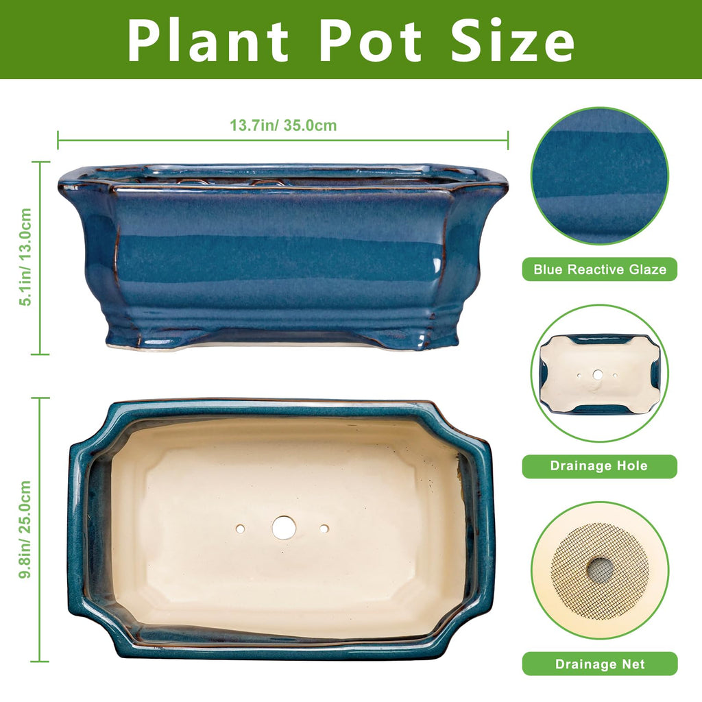 Bonsai Tree Pot - 13.7 Inch Large Ceramic Succulent Planter for Indoor Outdoor, Rectangle Plant Pot with Drainage