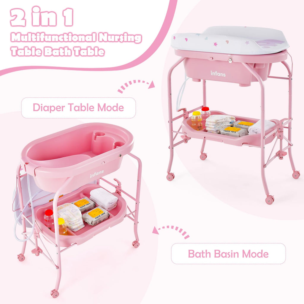 2 in 1 Baby Changing Table with Bath Tub Unit, Folding Diaper Dresser Station with Wheels Waterproof Pad Storage
