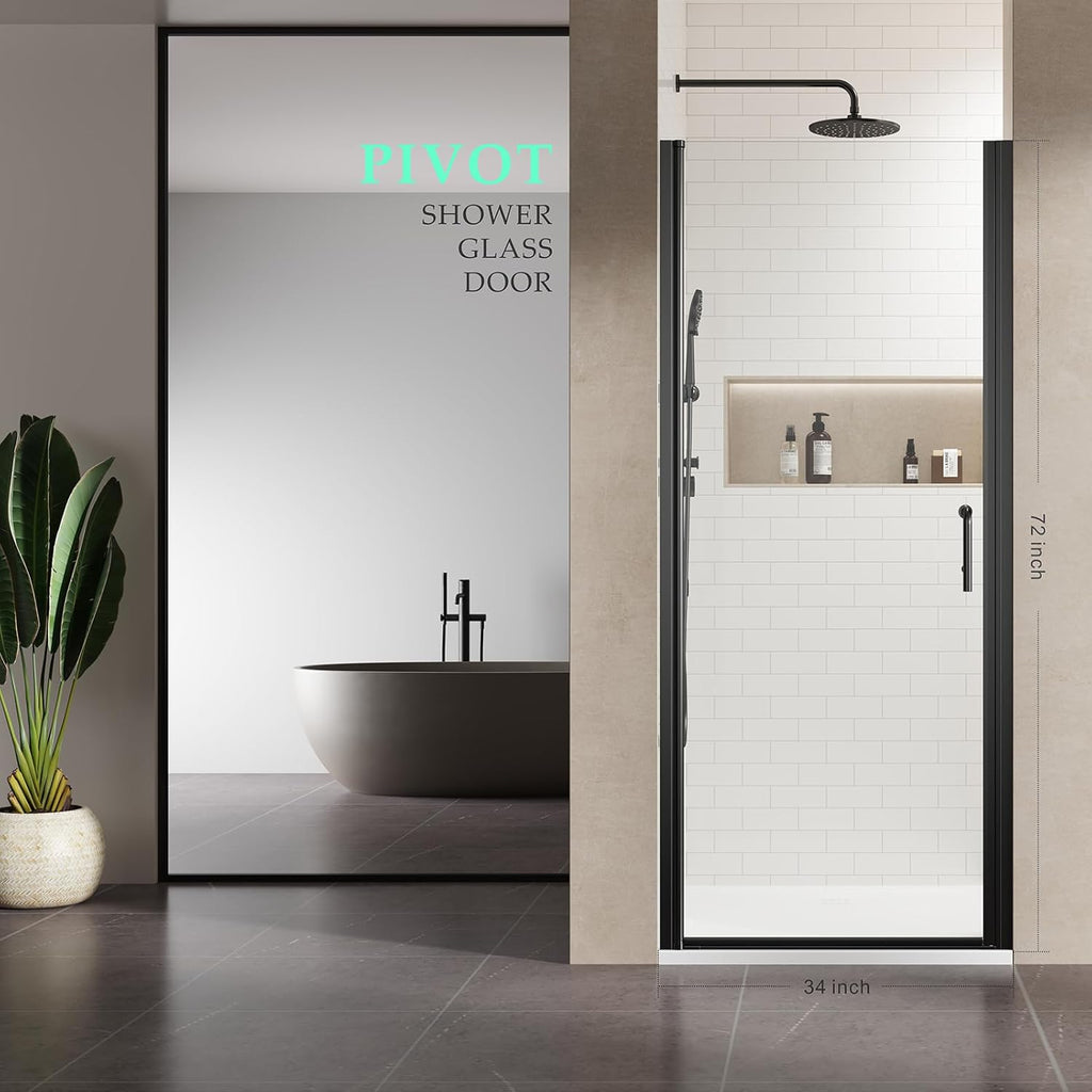 Pivot Shower Door, 34 in. W x 72 in. H Hinged Single Panel Swing Glass Shower Door with SGCC 1/4" Clear Tempered