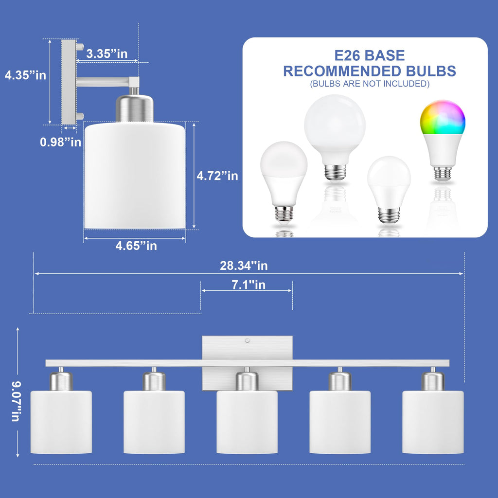 Bathroom Lights Over Mirror Brushed Nickel, Anti-Rust 5-Light Bathroom Vanity Light Fixtures, Modern 28.34Inches Wall