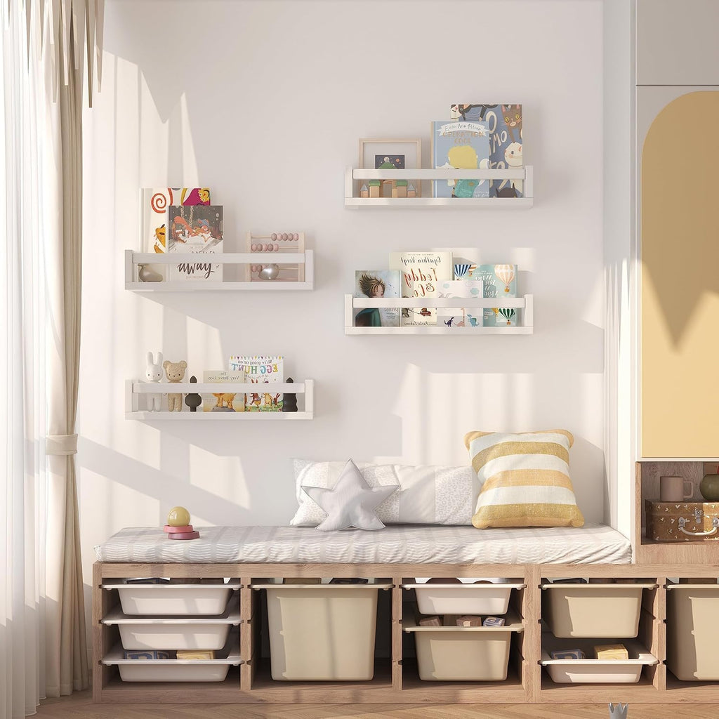 Set of 4 Wall-Mounted Kid's Bookshelf - White Floating Nursery Book Shelves - Durable Wood Construction - Ideal