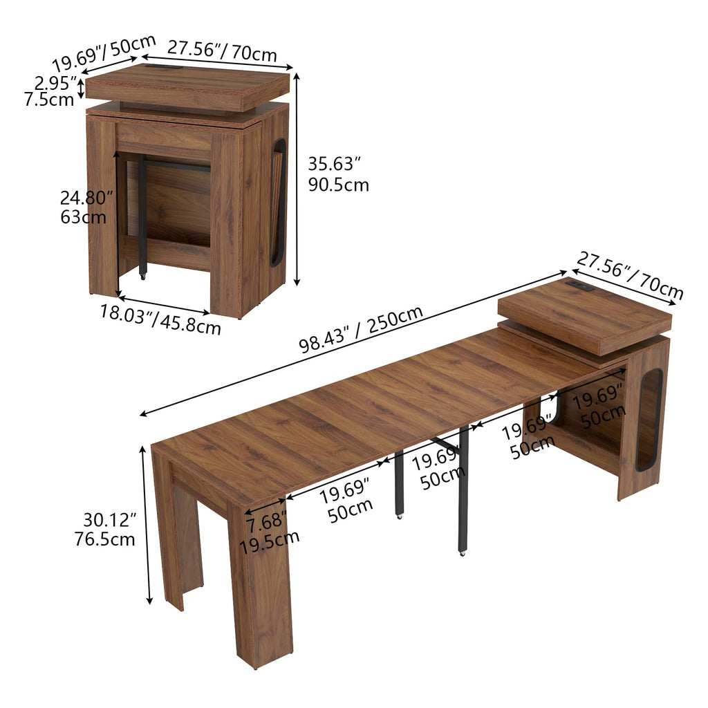 Dining Table with Charging Station, Convertible Folding Console Table for 6-8 People, Space-Saving Dining Table with