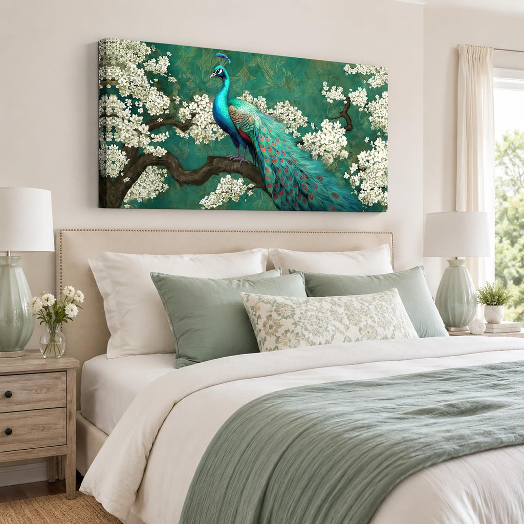 Peacock Canvas Wall Art Green and White Flower Elegant Animal Painting Pictures Artworks Bedroom Wall Decor Ready to