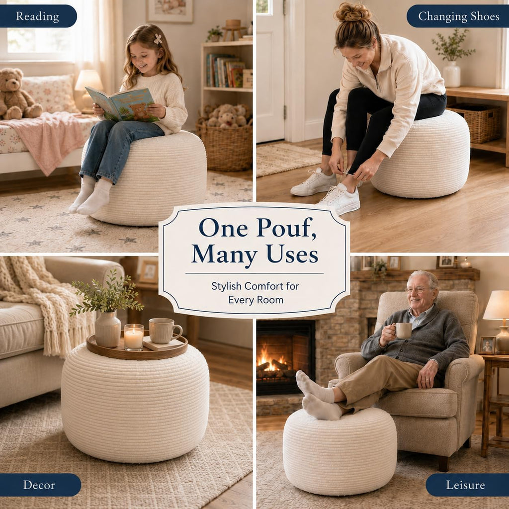 Round Pouf Ottoman Foot Rest 20 X 15 - Floor Pouf Seating, Soft Corduroy Ottoman, Lightweight Foot Stool for