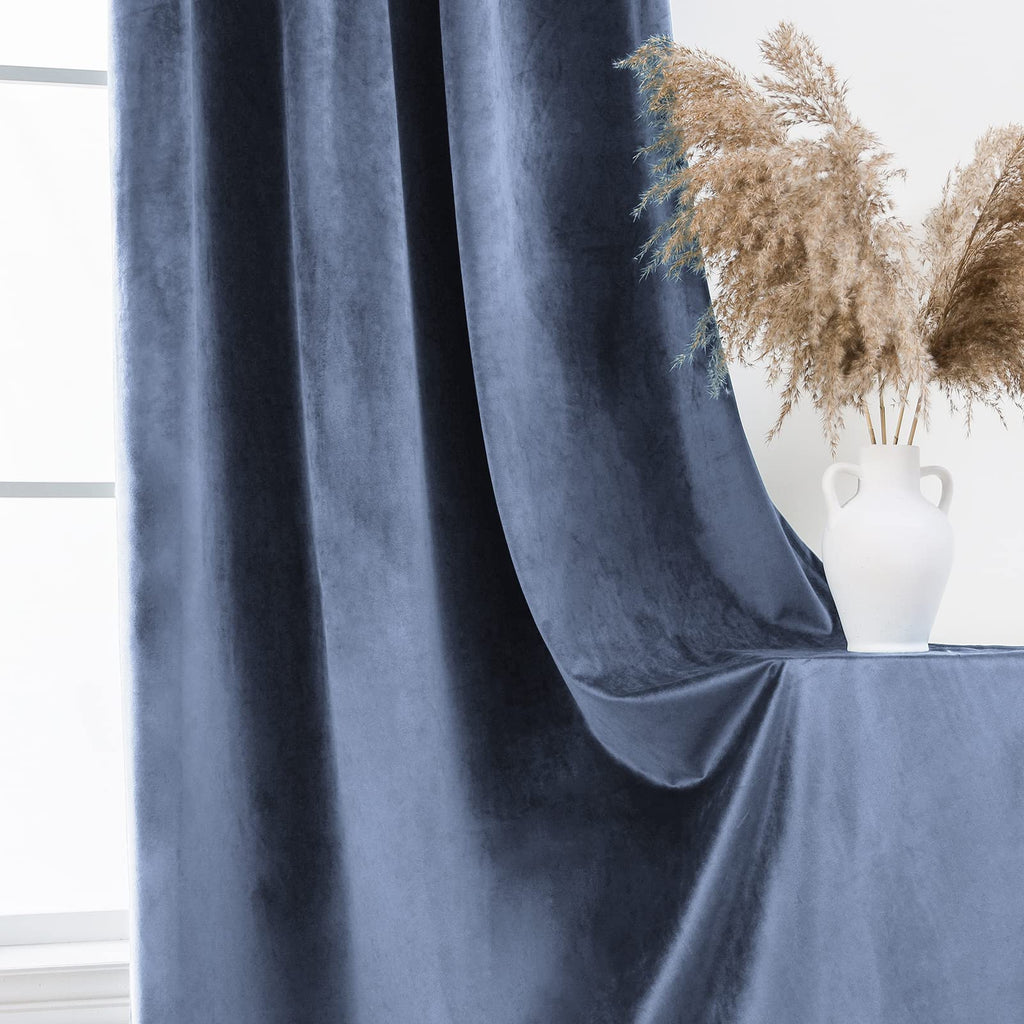 Stone Blue Velvet Curtains 95 inch Long Heavyweight Blackout Curtains Rod Pocket Thermal Insulated Darkening Window