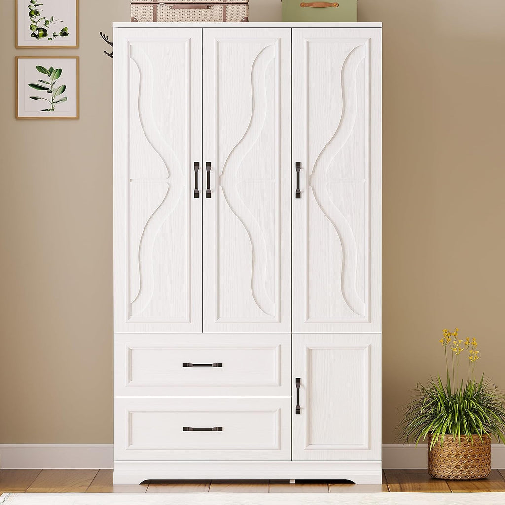 Armoire Wardrobe Closet with 4 Doors and Drawers, White | Wardrobe Cabinet with Storage Shelves and Side Hooks