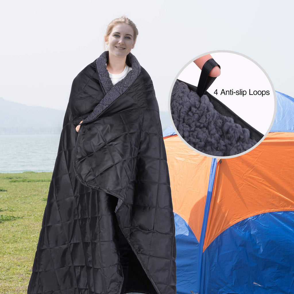 Large Camping Blanket with Sherpa Lining, Black 79"x59"