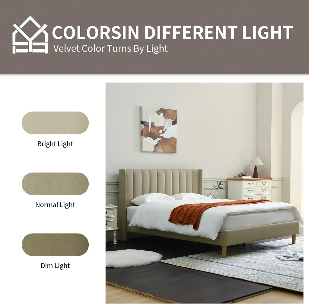 Upholstered Platform Bed Frame/Queen Bed Frame/Modern Geometric Double-Wing Design headboard/Linen Fabric/Easy to