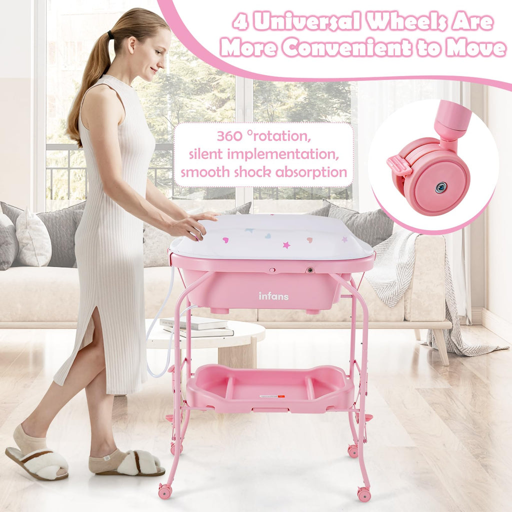 2 in 1 Baby Changing Table with Bath Tub Unit, Folding Diaper Dresser Station with Wheels Waterproof Pad Storage