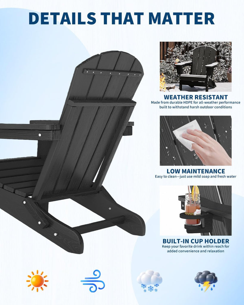 HDPE Folding Adirondack Chair Set of 2 with Side Table, Black | All-Weather Resistant & Wood Textured & Cup Holder
